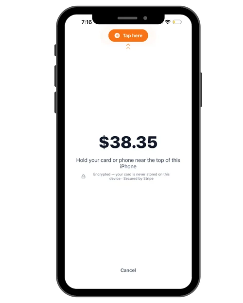 A Crumb Coach Tap to Pay screen showing a $38.35 payment and instructions to hold a card or phone near the top of the iPhone